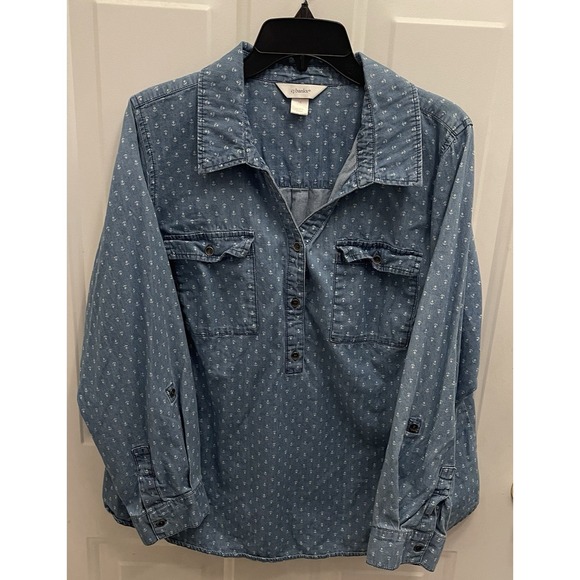 CJ Banks Popover Denim Chambray Blouse Top Womens 1X Collared Anchor Nautical - Picture 2 of 8